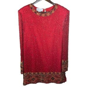 Lawrence Kazar Red Beaded Tunic Top Sz Medium 100% Silk Vintage Beaded Tunic Top